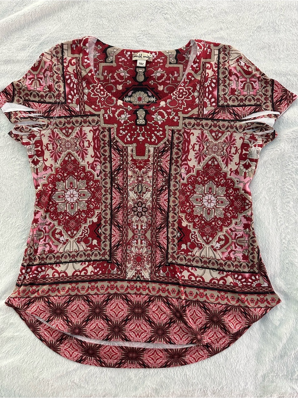 Boho Mosaic Red Short Sleeve Scoop Neck Top